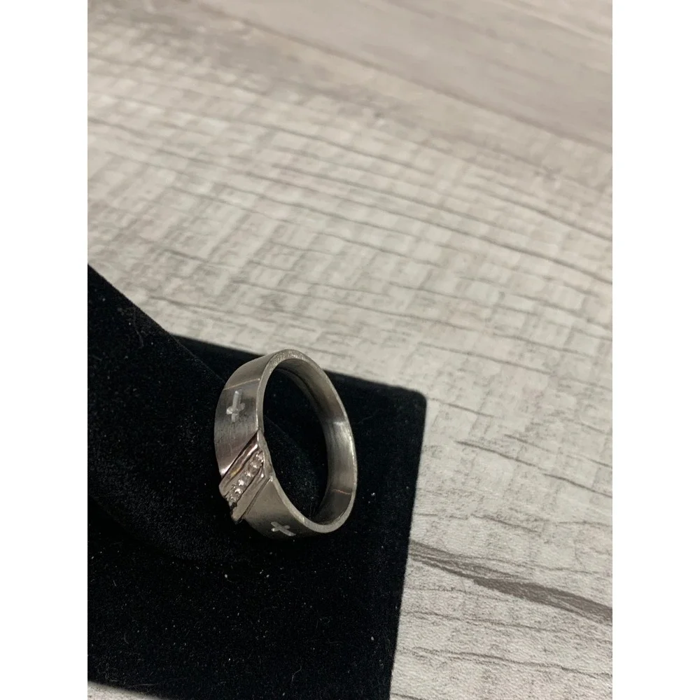 Silver Tone Cross Band Ring with Clear Accents Size 10.5 Religious Jewelry